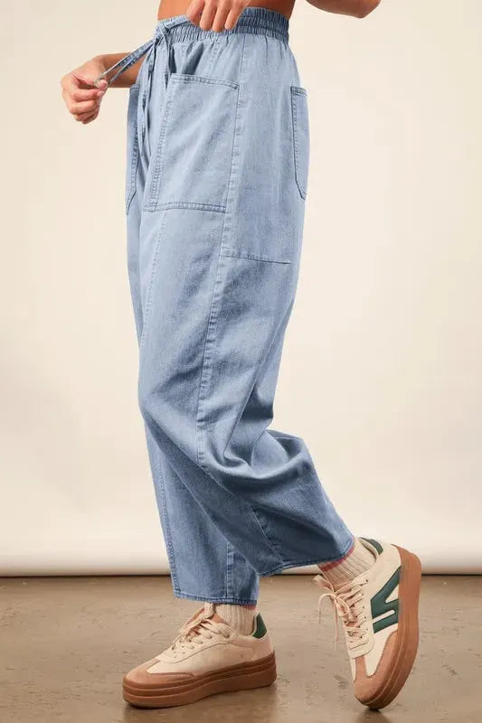 Relaxed Barrel Chambray Beach Pants - Light Denim women outfit ideas