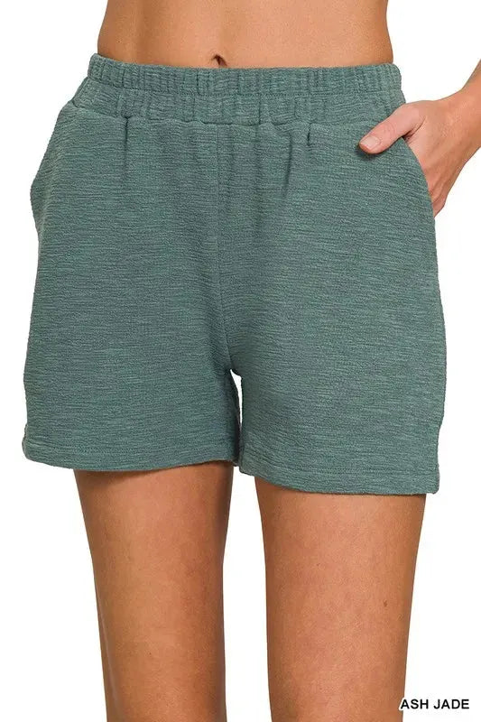 Relaxed Cotton Slub Beach Shorts in Ash Jade women outfit ideas