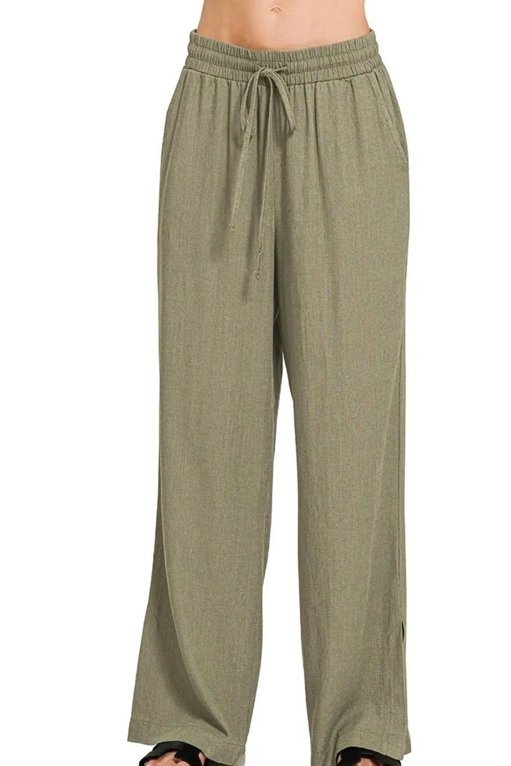 Relaxed Linen-Blend Drawstring Beach Pants - Light Olive women outfit ideas
