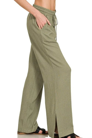 Relaxed Linen-Blend Drawstring Beach Pants - Light Olive women outfit ideas