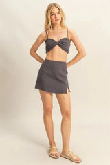 Ruched Linen-Blend Beach Skirt Set in Charcoal women outfit ideas