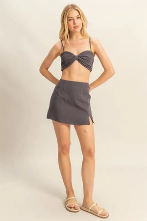 Ruched Linen-Blend Beach Skirt Set in Charcoal women outfit ideas
