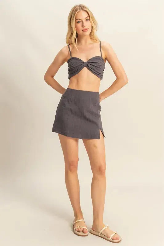 Ruched Linen-Blend Beach Skirt Set in Charcoal women outfit ideas