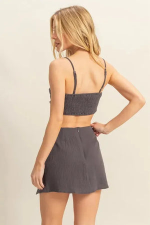 Ruched Linen-Blend Beach Skirt Set in Charcoal women outfit ideas