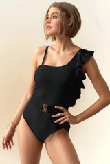 Ruffle One-Shoulder Beach Swimsuit in Classic Black women outfit ideas