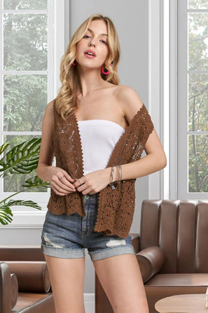 Scallop Hem Crochet Beach Vest in Mocha women outfit ideas