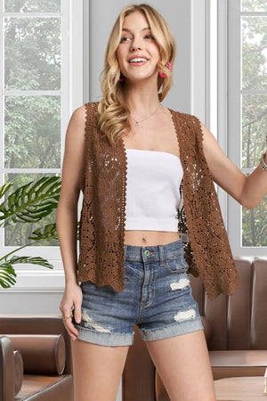 Scallop Hem Crochet Beach Vest in Mocha women outfit ideas