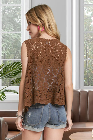 Scallop Hem Crochet Beach Vest in Mocha women outfit ideas