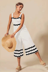 Scallop Trim Wide Leg Beach Jumpsuit in Ivory/Black women outfit ideas