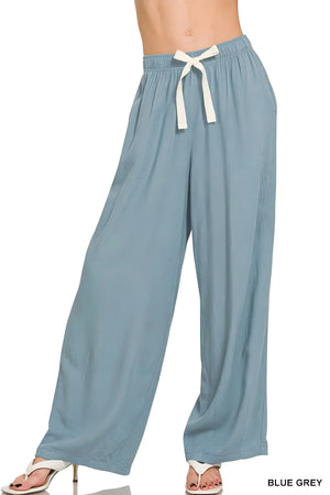 Seaside Linen Drawstring Beach Pants in Blue Grey