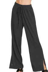 Seaside Linen Drawstring Wide-Leg Beach Pants in Black women outfit ideas