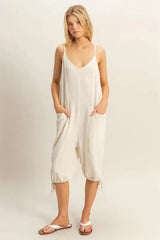 Side-Tie Linen Blend Beach Romper in Oatmeal women outfit ideas