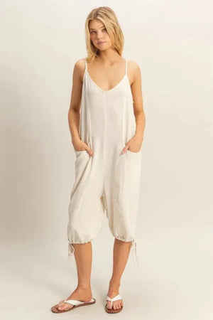 Side-Tie Linen Blend Beach Romper in Oatmeal women outfit ideas