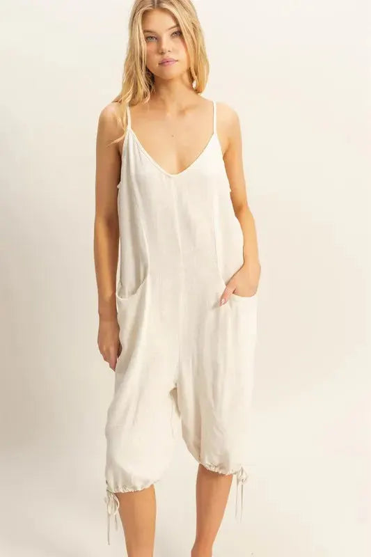 Side-Tie Linen Blend Beach Romper in Oatmeal women outfit ideas