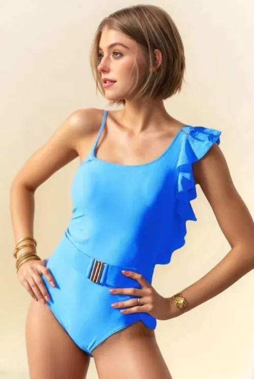 Sky Blue One Shoulder Ruffle Beach Swimsuit women outfit ideas