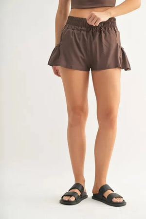 Smocked High Waist Beach Shorts in Rich Soil women outfit ideas