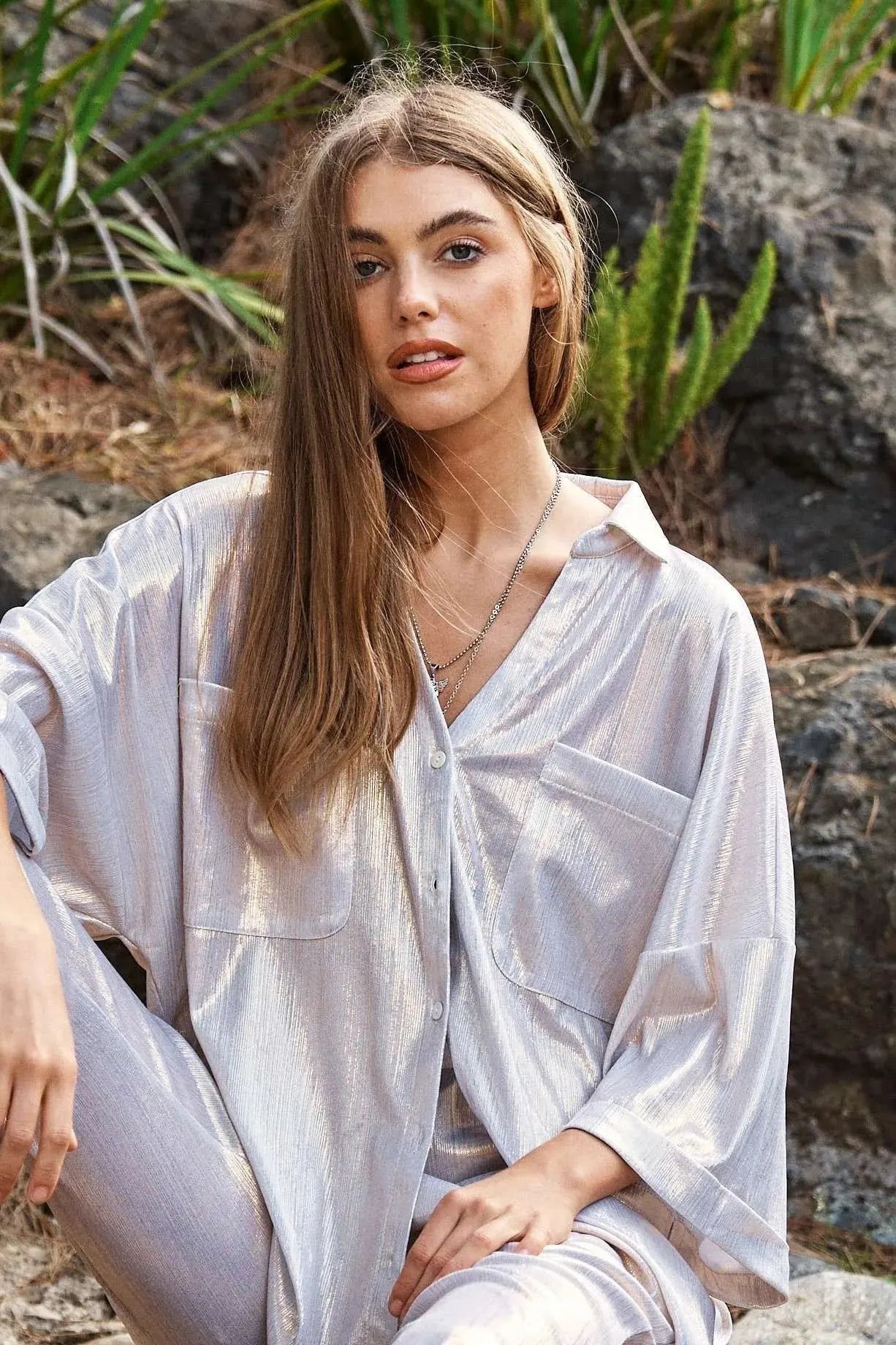 Sparkling White Gold Button-Up Beach Shirt women outfit ideas