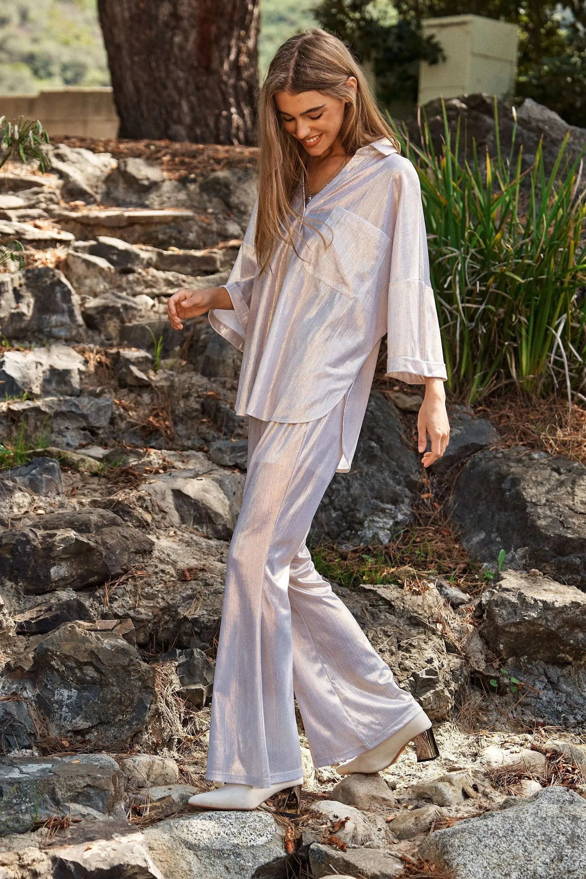 Sparkling White Gold Button-Up Beach Shirt women outfit ideas