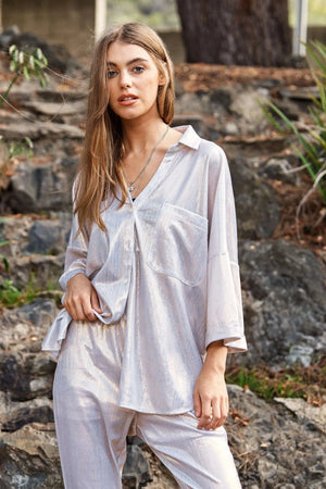 Sparkling White Gold Button-Up Beach Shirt women outfit ideas