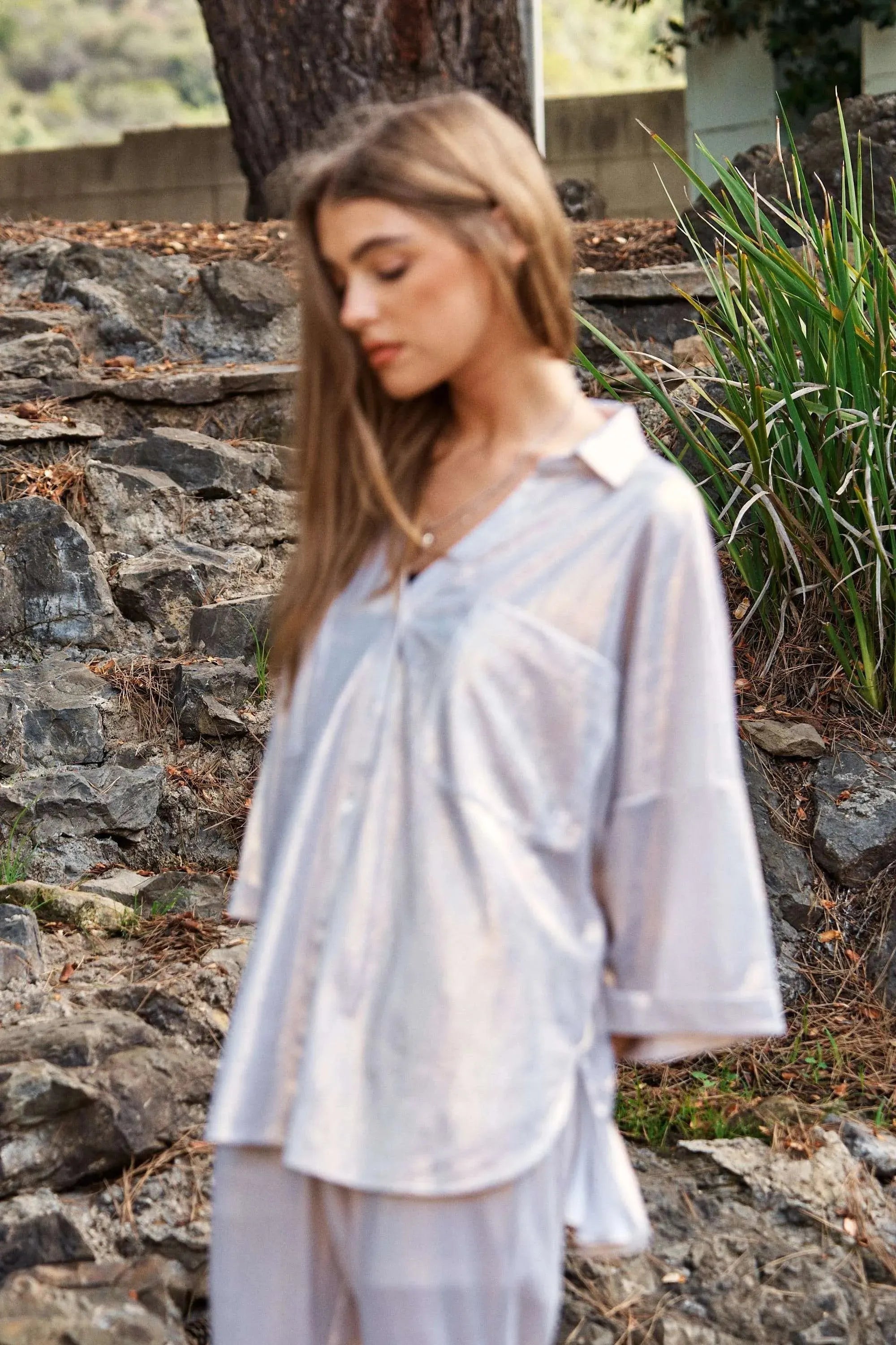 Sparkling White Gold Button-Up Beach Shirt women outfit ideas