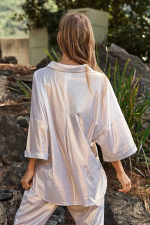 Sparkling White Gold Button-Up Beach Shirt women outfit ideas