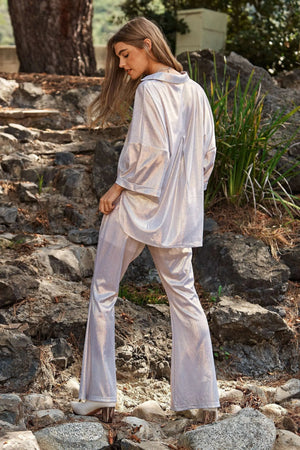 Sparkling White Gold Button-Up Beach Shirt women outfit ideas