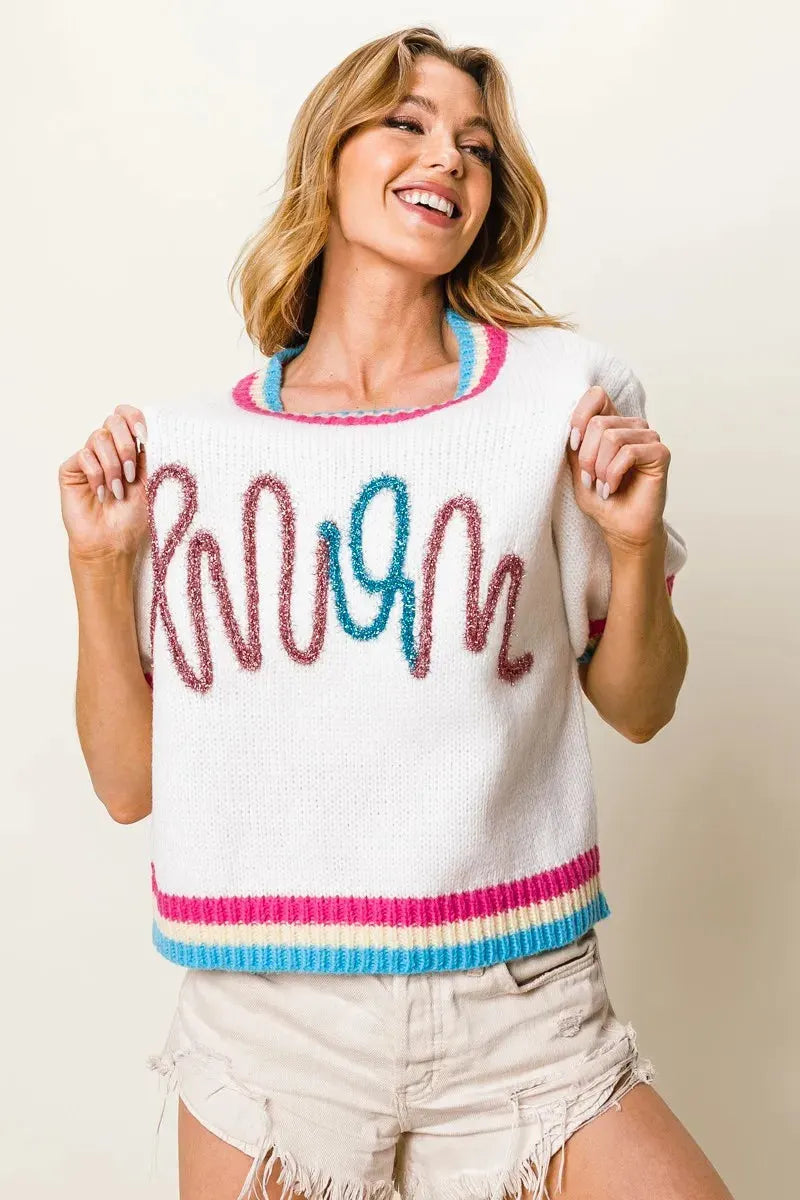 Starlight Metallic Letter Puff Sleeve Beach Sweater women outfit ideas