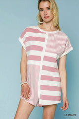 Striped Short Sleeve Beach Romper in Light Mauve women outfit ideas