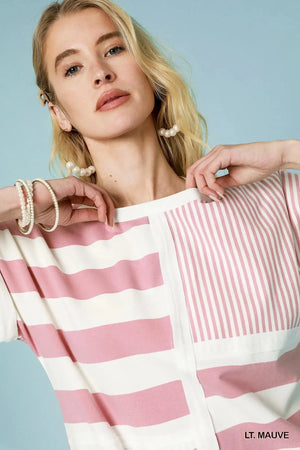 Striped Short Sleeve Beach Romper in Light Mauve women outfit ideas