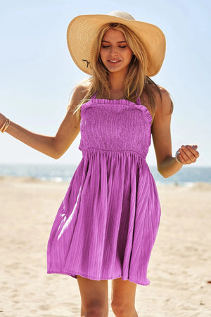 Sunny Days Smocked Halter Beach Dress in Violet women outfit ideas