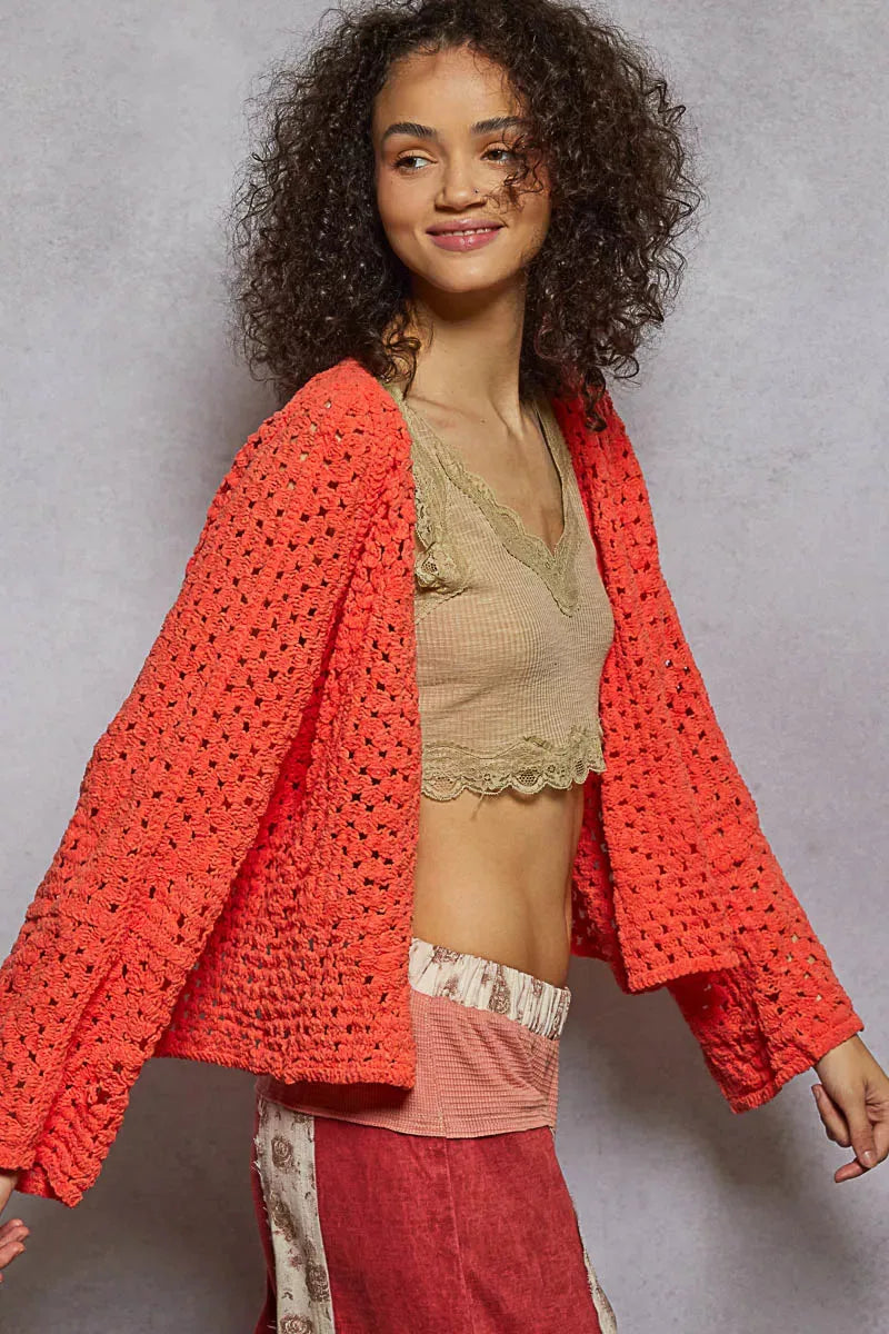 Sunset Crochet Beach Cardigan in Neon Orange women outfit ideas
