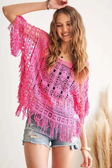 Sunset Crochet Fringe Beach Top in Hot Pink women outfit ideas
