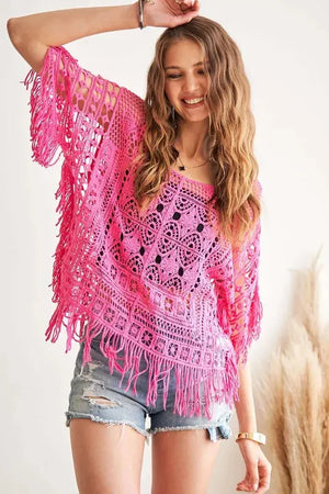 Sunset Crochet Fringe Beach Top in Hot Pink women outfit ideas