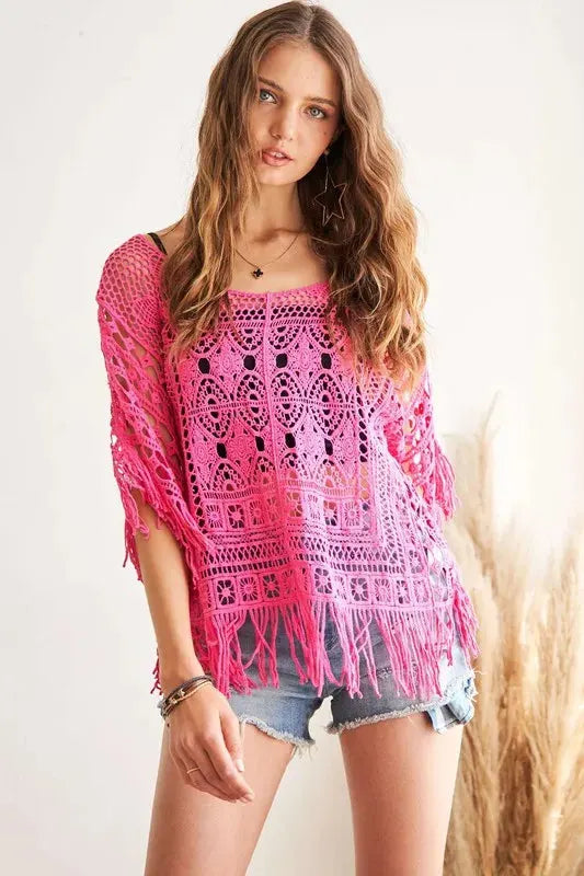 Sunset Crochet Fringe Beach Top in Hot Pink women outfit ideas