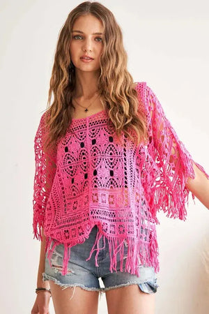 Sunset Crochet Fringe Beach Top in Hot Pink women outfit ideas