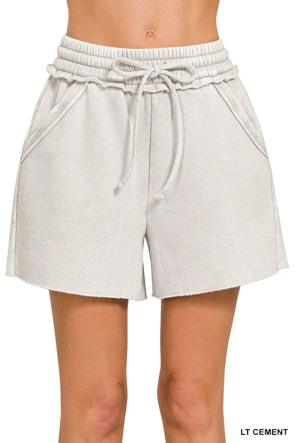 Sunset Fleece Drawstring Beach Shorts in Light Cement women outfit ideas