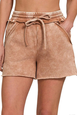 Sunset Rust Acid Wash Fleece Beach Shorts women outfit ideas