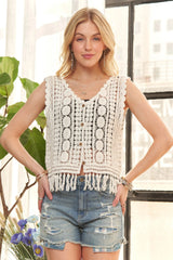Sunset Stroll Crochet Beach Vest in Ivory women outfit ideas