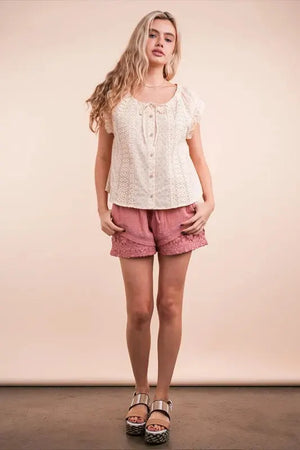 Sunset Stroll Lace-Trimmed Beach Shorts in Mauve women outfit ideas