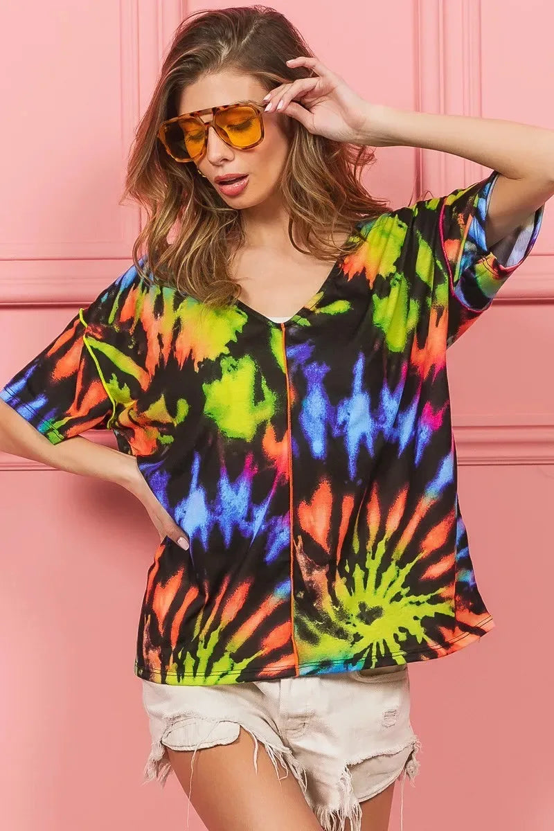 Sunset Tie-Dye Cotton V-Neck Beach Top women outfit ideas