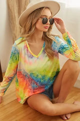 Sunset Tie-Dye Long Sleeve V-Neck Beach Top women outfit ideas