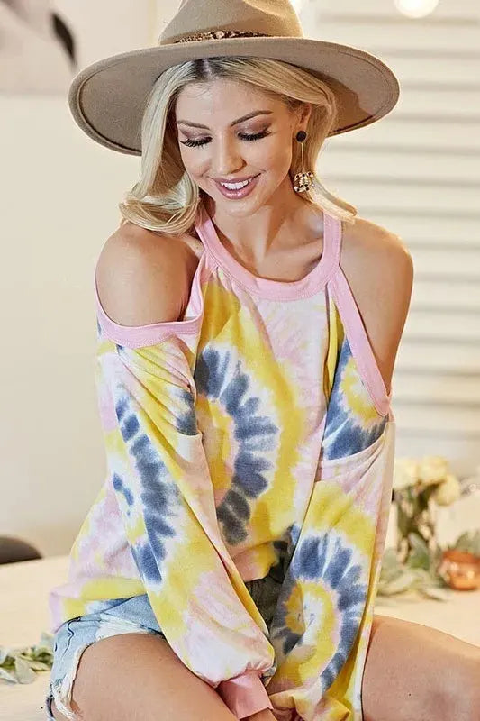 Sunset Tie-Dye Terry Beach Top with Cold Shoulders women outfit ideas