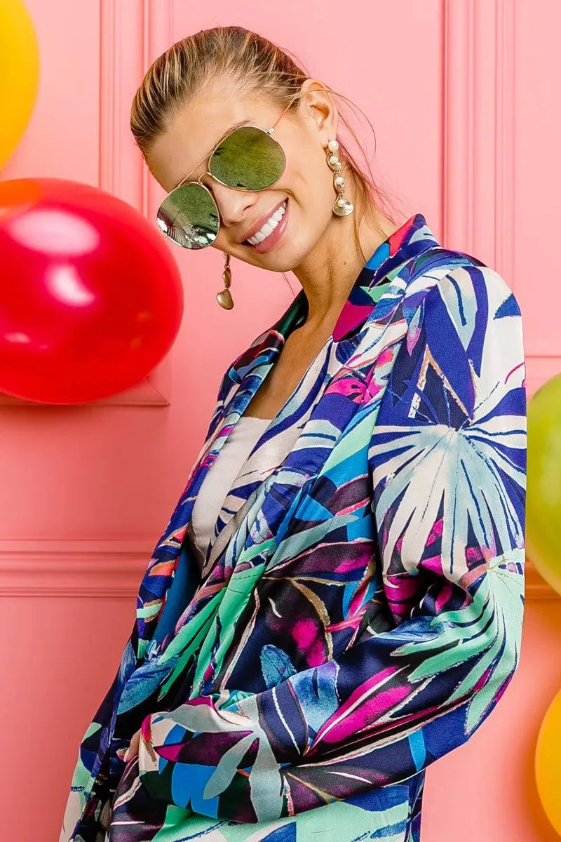 Tropical Print Beach Blazer in Bluish Tropical women outfit ideas