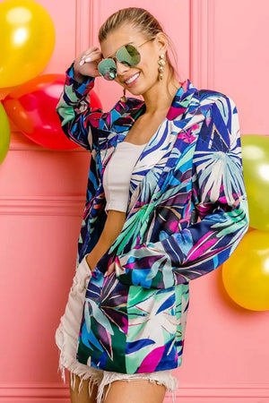 Tropical Print Beach Blazer in Bluish Tropical women outfit ideas