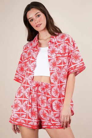 Tropical Print Beach Shirt & Shorts Set in Tomato Red women outfit ideas