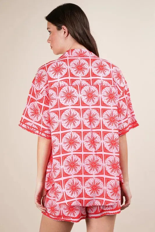 Tropical Print Beach Shirt & Shorts Set in Tomato Red women outfit ideas