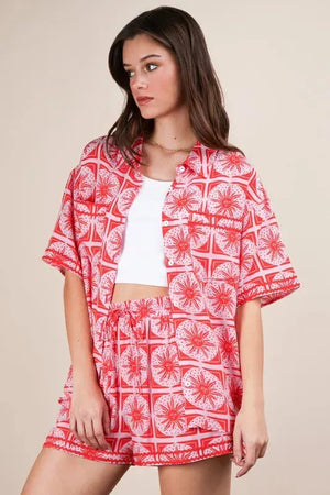 Tropical Print Beach Shirt & Shorts Set in Tomato Red women outfit ideas
