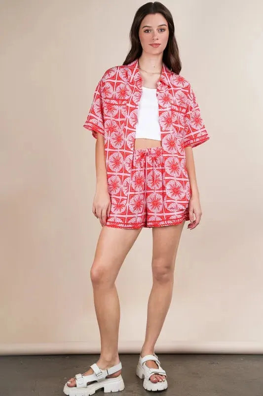 Tropical Print Beach Shirt & Shorts Set in Tomato Red women outfit ideas