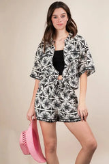 Tropical Print Plus Size Beach Shirt & Shorts Set women outfit ideas