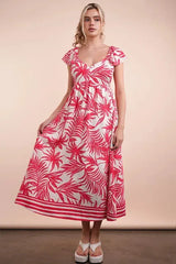 Tropical Print Ruffled Midi Beach Dress in Tomato Mix women outfit ideas